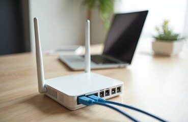 Aufkleber - White router with antennas on wooden table. Computer with blurred background. Modern home office setup fast internet. Internet connection, fiber optic cable for bandwidth transfer.