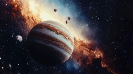 Poster - Majestic Jupiter floating in a vibrant galaxy surrounded by shimmering stars and cosmic clouds, galaxy space planet video background ing scenery live wallpaper quality