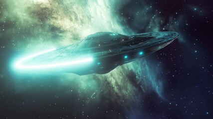 Poster - UFO spacecraft gliding through vibrant cosmic space in an alien fantasy journey, ufo aircraft fly in space, alien transport, fantasy video background ing