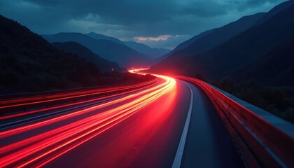 Poster - Illustration of glowing red light streaks speeding along dark highway. Blurred lines, mountains, night sky create vibrant backdrop. Abstract transport design technology, motion. Suitable for website