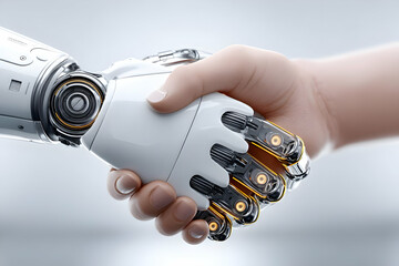 Poster - A close-up of a human hand and a robotic hand shaking, symbolizing the union of human creativity and technological advancement in modern society.