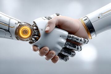 Poster - A close-up of a human hand and a robotic hand shaking, symbolizing the collaboration between humans and artificial intelligence in modern technology.