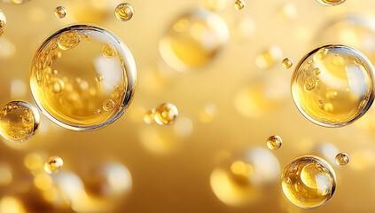 Poster - Golden bubbles float gracefully in a soft, shimmering background, creating a captivating atmosphere perfect for beverages and luxury themes.