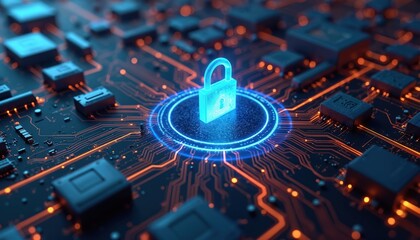 Poster - Illustration cybersecurity measures to protect digital data from cyber threats. Glowing padlock on circuit board with electronic components data protection, network security. Tech concept.