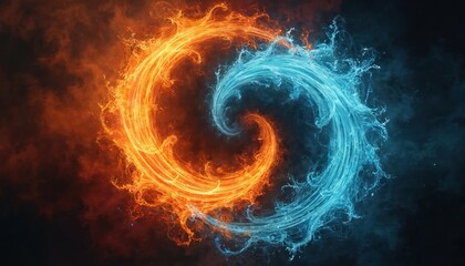 Poster - Dynamic illustration featuring swirling fire, water elements. Fiery orange energy contrasts with cool blue water. Concept of duality, balance, chaos. Represents opposing forces, spirituality, magic