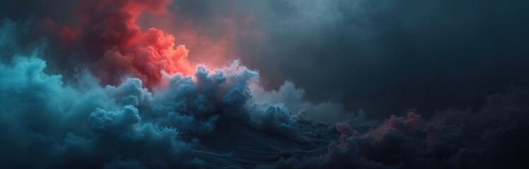 Poster - Abstract illustration of a stormy sky with neon fog. The image depicts a mixture of colors and water. Red black yellow blue green neon fog cloud wave abstract art background with free space.