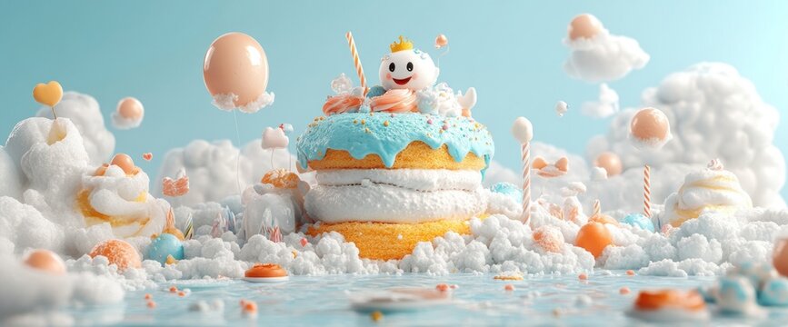 Pastel Birthday Cake in a Whimsical Cloud Setting