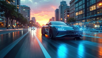 Poster - Futuristic car driving on city street at sunset. Smart vehicle concept. Digital data connection lines. High-speed road motion with city cars. Modern vehicle tech, automotive industry. Artificial