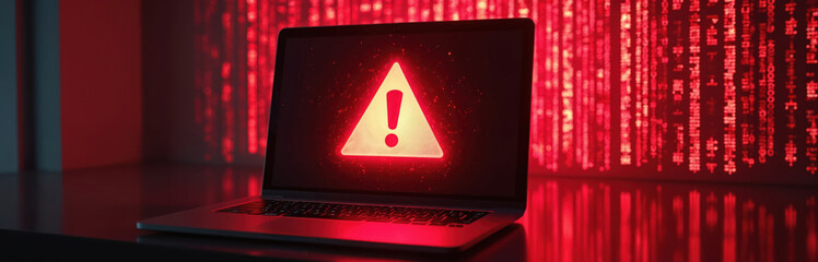 Poster - Laptop screen red alert symbol. Code in background. Cyber threat, network intrusion, data breach, hacking concept. Cybersecurity, malware, privacy violation.