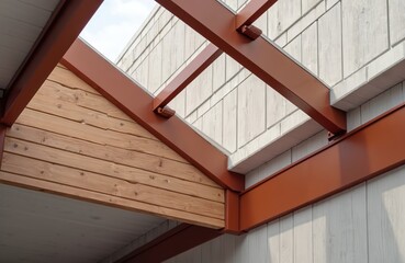 Poster - Exterior of building with wooden panel and metal beam construction. Architecture structure features combination of wood and metal elements. Design combines natural materials with industrial elements.