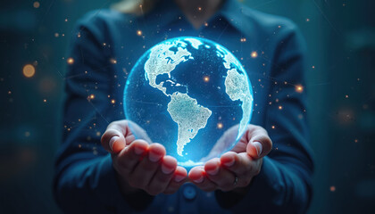 Poster - Person holds glowing digital Earth globe, global network, communication, technology, connection. Abstract representation of global business concept, digital transformation. Network, internet, tech,