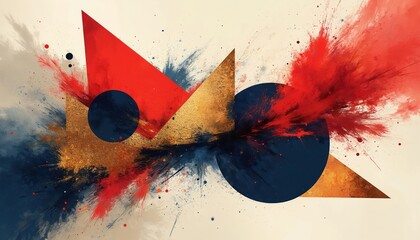 Poster - Abstract artwork featuring dynamic shapes, textures with vibrant red blue gold colors. Geometric shapes, splatters, brush strokes create dynamic composition. Ideal for modern design projects