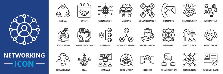 Poster - networking icon set collection in outline style. an icon pack contain social, event, connection, mee