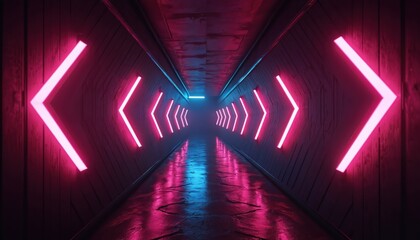 Poster - Sci-fi tunnel with neon lights. Futuristic illuminated corridor with vibrant pink, blue colors. Dark, minimalistic, modern design, digital abstract art with reflections on floor, walls. Technology