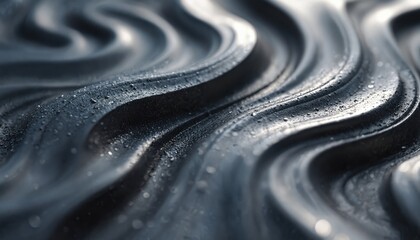 Poster - Abstract liquid metal texture with flowing curves. Reflective, shiny surface with water drops. Dark background. Elegant design. Modern art. Creative background for tech, beauty products, fashion,