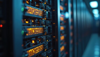 Poster - Data center data storage servers, featuring solid-state drives, efficient cooling systems. Optimal performance, high speed computing. Modern tech network infrastructure, cloud tech, data security,