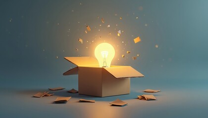 Poster - Bright idea concept. Light bulb breaks through box. Minimalist design. Creative new ideas, innovation, business startup, thinking outside box. Inspiring illustration.