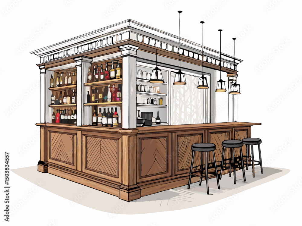 Create a vector illustration of a classic bar's bold-stroked interior ...
