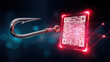 © javu - Phishing concept with metal fishing hook and glowing red QR code symbolizing digital scam and cyber attack threat in dark background