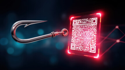 Poster - Phishing concept with metal fishing hook and glowing red QR code symbolizing digital scam and cyber attack threat in dark background