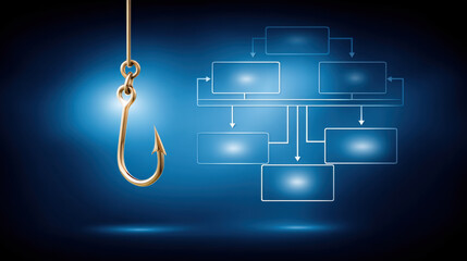 Poster - Phishing concept with golden fishhook and digital flowchart on blue background symbolizing cyber attack and online security threat
