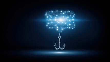 Poster - Phishing concept with digital message bubble and fishing hook glowing in dark background showing cyber attack threat and online security risk