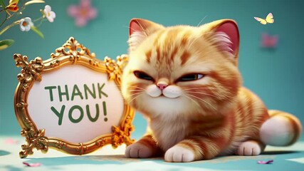 Charming Orange Striped Cartoon Cat with Golden Thank You Frame Set Against a Teal Floral Background