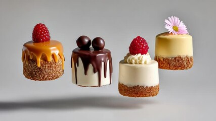 Poster - Four different types of cakes with raspberries on top. The cakes are in the air and appear to be floating