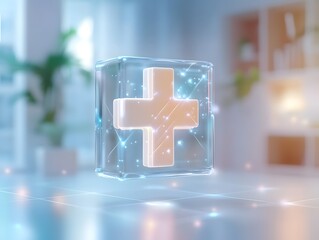 Poster - Digital Plus Sign Icon with Soft Glow Effect in Modern Setting