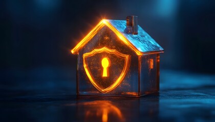 Poster - Glowing Security House Icon with Lock Symbol in Dark Environment