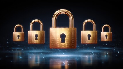 Poster - Digital locks connected by binary code, symbolizing cybersecurity and data protection in a futuristic setting.
