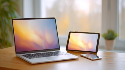 Poster - A modern workspace featuring a laptop, tablet, and smartphone on a wooden desk with natural light from a window.