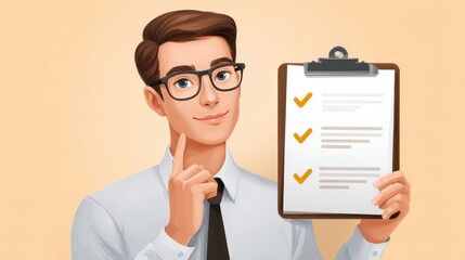 Poster - A confident man in glasses holds a checklist, symbolizing organization and planning, against a soft, neutral background.