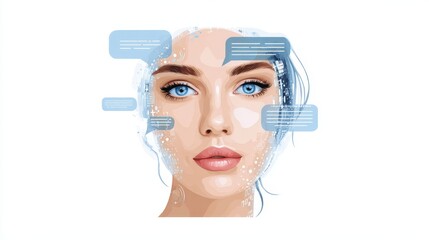 Poster - A digital illustration of a woman's face surrounded by chat bubbles, suggesting communication or online interaction.