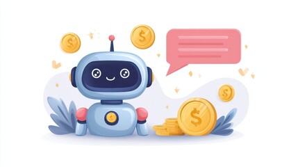 Poster - A cute robot surrounded by coins and a speech bubble, symbolizing finance and technology.