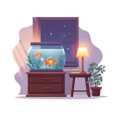 Poster - A cozy interior scene featuring an aquarium with goldfish, a lamp, and a small plant next to a window with a starry night view.