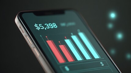 Poster - A modern smartphone displaying a financial graph with colorful bar charts and a dollar amount prominently featured.