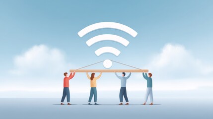 Poster - Illustration of diverse people collaboratively constructing a large Wi-Fi symbol against a blue sky backdrop.