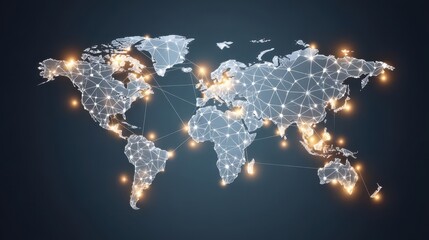 Aufkleber - A stylized world map made of lines and connected nodes, illuminated with glowing lights, representing global connectivity and networking.