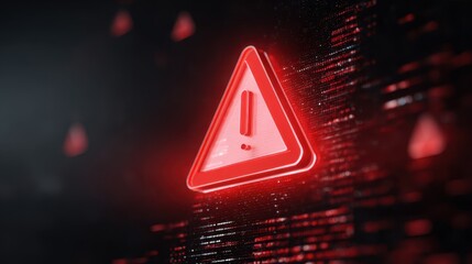Poster - A glowing red warning sign against a dark digital background, symbolizing caution or alertness in a high-tech environment.