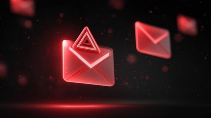 Poster - Futuristic red email icons surrounded by glowing particles against a dark background, symbolizing digital communication.