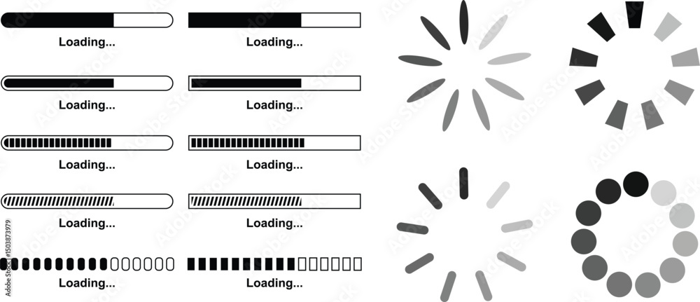 Loading bar set. Retro progress bars on white and black screens. Search ...