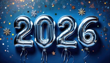 Poster -  silver 2026 foil balloon numbers with gold confetti and blue bokeh background for new year celebration, party invitation, web banner, or festive print design