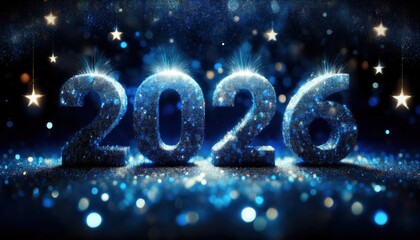 Poster -  sparkling 2026 new year glitter digits with glowing stars on dark blue background for holiday web design, greeting card, poster, branding, digital banner, and festive print graphic