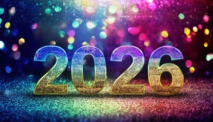 Poster - sparkling 2026 new year celebration with glitter gold numbers on colorful bokeh background for festive web banner, print greeting, holiday branding or digital event promotion