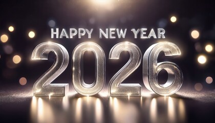 Poster -  glowing glass 2026 new year text with festive bokeh lights on dark background for luxury celebration poster, website banner, event flyer, or digital greeting card design