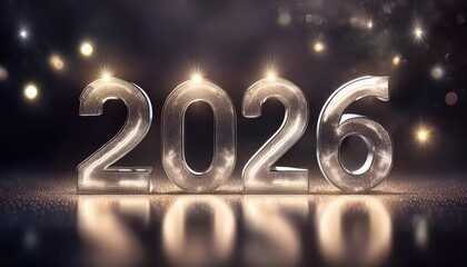 Poster -  glowing glass 2026 new year text with festive bokeh lights on dark background for luxury celebration poster, website banner, event flyer, or digital greeting card design