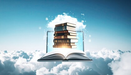 Poster - Digital transformation of learning with floating books above an open laptop in a sky filled with clouds