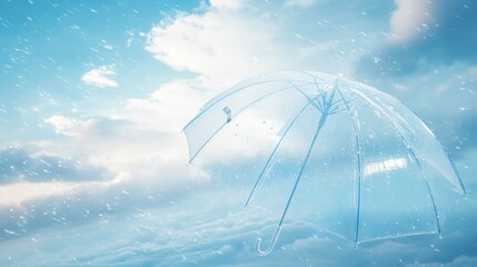 a translucent umbrella with useful components and blue sky setting depicts rain shielding and rainy 