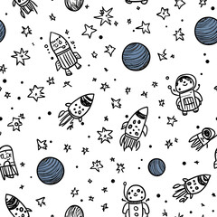 Wall Mural - seamless hand drawn space pattern with rockets planets astronaut stars doodle style children fabric 